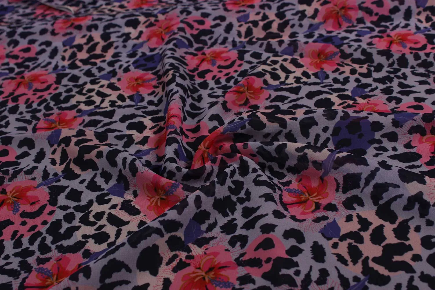 Black, White, Pink Floral Georgette Fabric