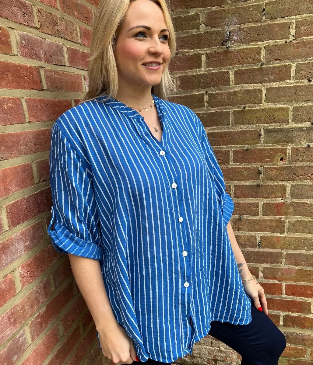 Blue Cotton Striped Grandad Collar Shirt
