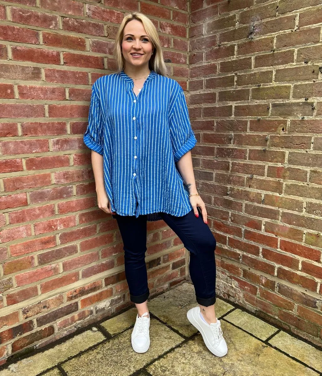 Blue Cotton Striped Grandad Collar Shirt