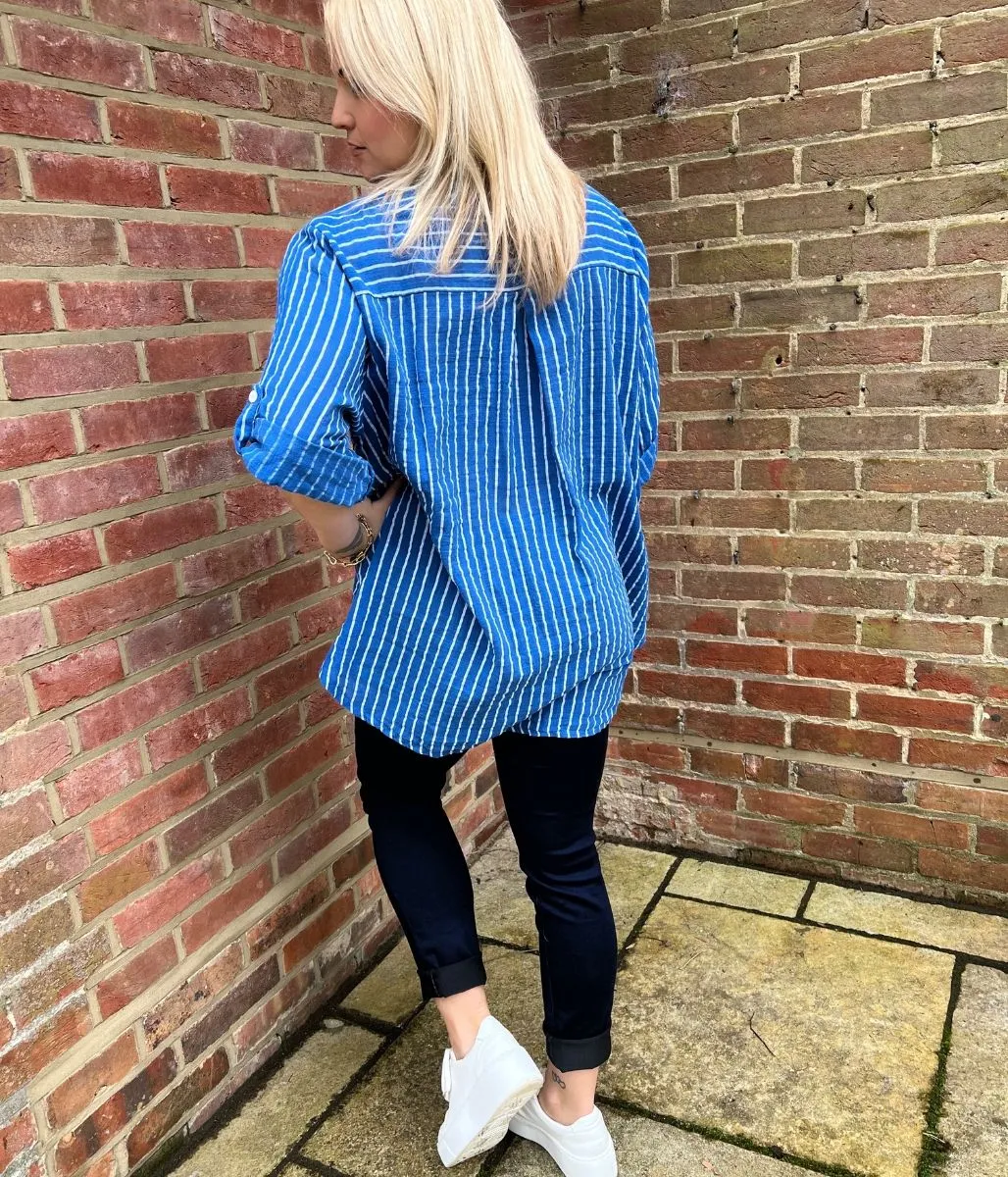 Blue Cotton Striped Grandad Collar Shirt
