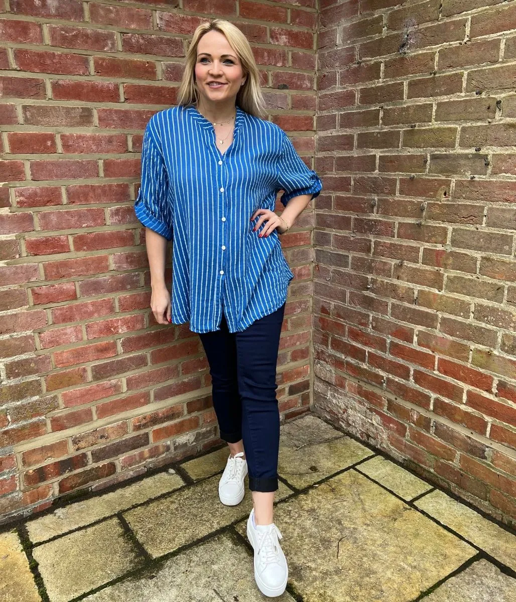 Blue Cotton Striped Grandad Collar Shirt