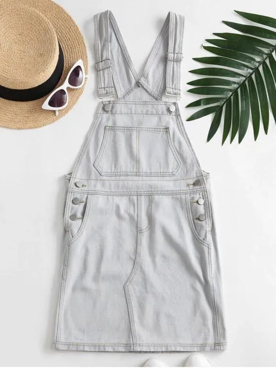 Casual Denim Pockets Overalls Dress for Women