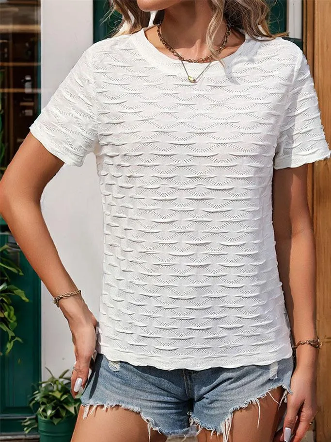 Chic Round Neck Textured Short Sleeve T-shirt