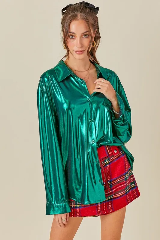 Metallic Green Shiny Metallic Fabric Button Down