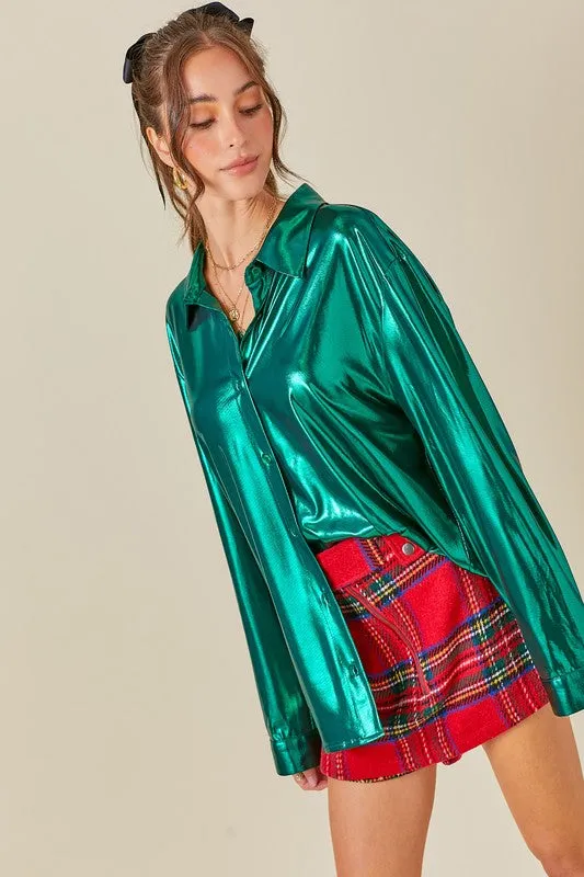 Metallic Green Shiny Metallic Fabric Button Down