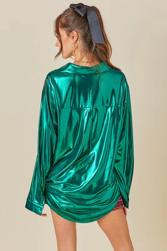 Metallic Green Shiny Metallic Fabric Button Down