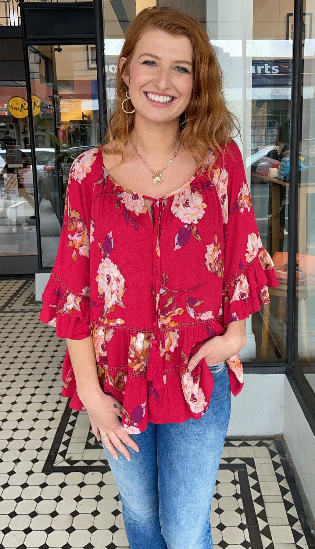 Ophelia Tassel Tie Top Red Raspberry