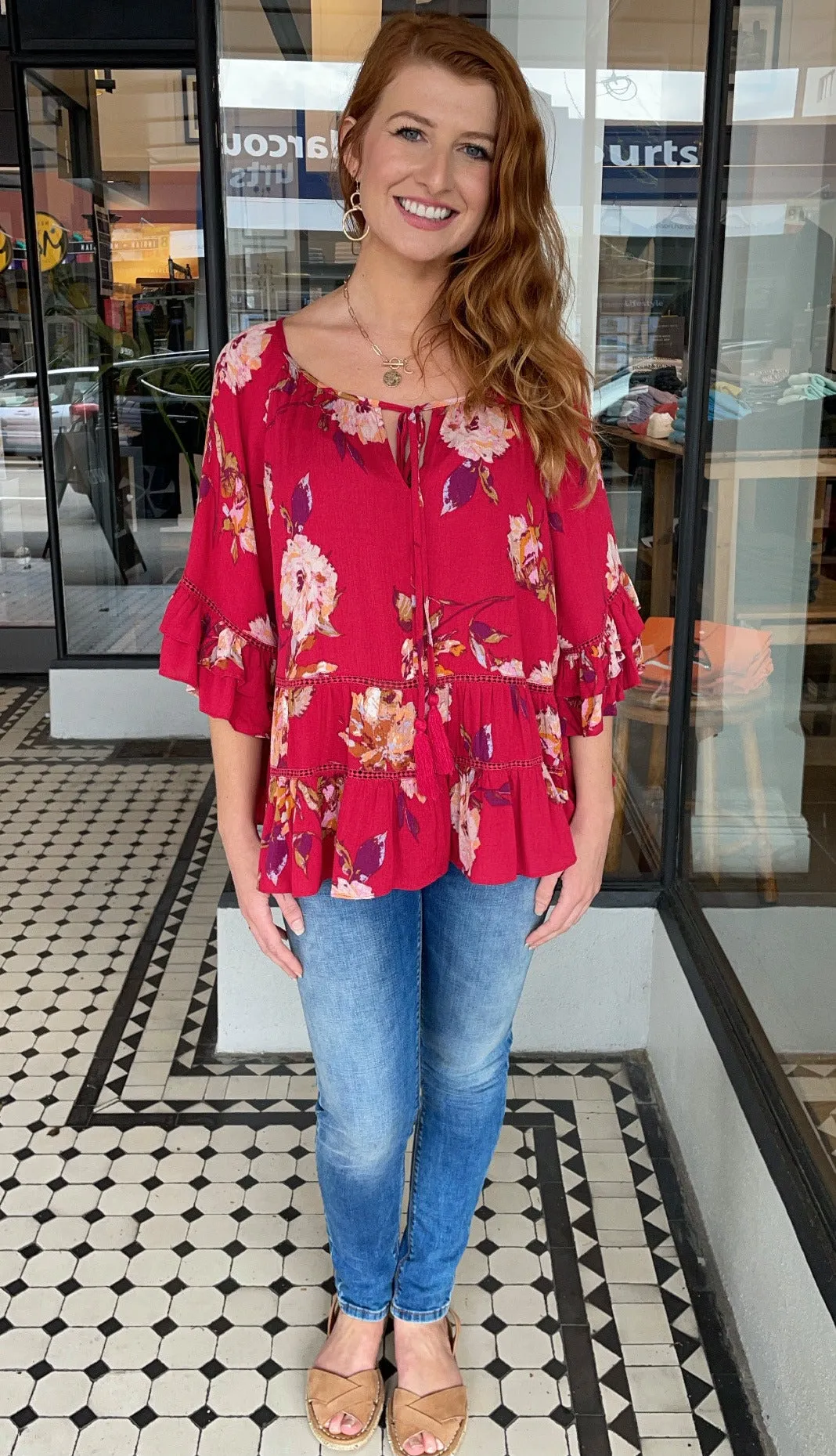 Ophelia Tassel Tie Top Red Raspberry