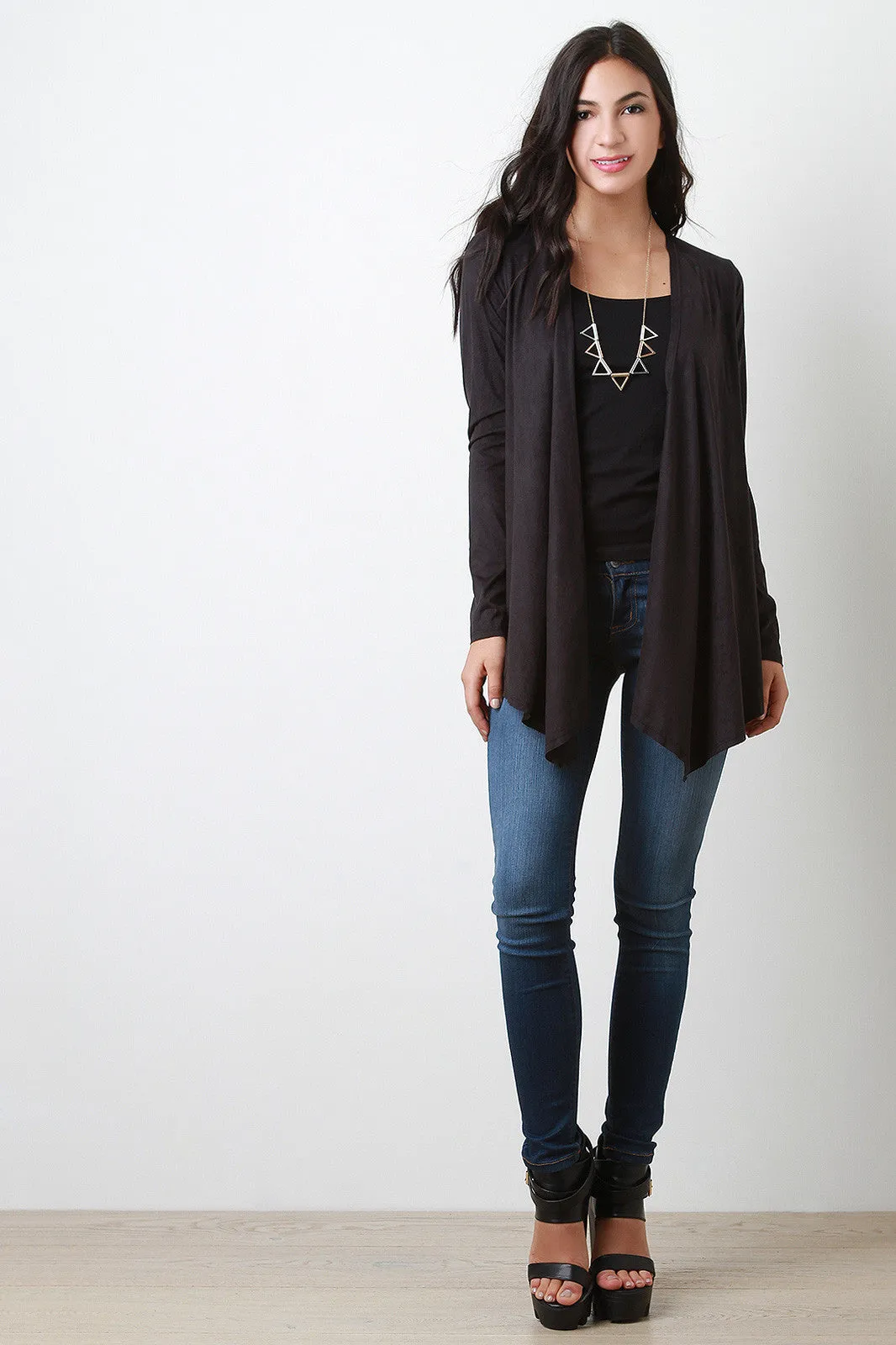 Suede Long Sleeves Drape Front Cardigan