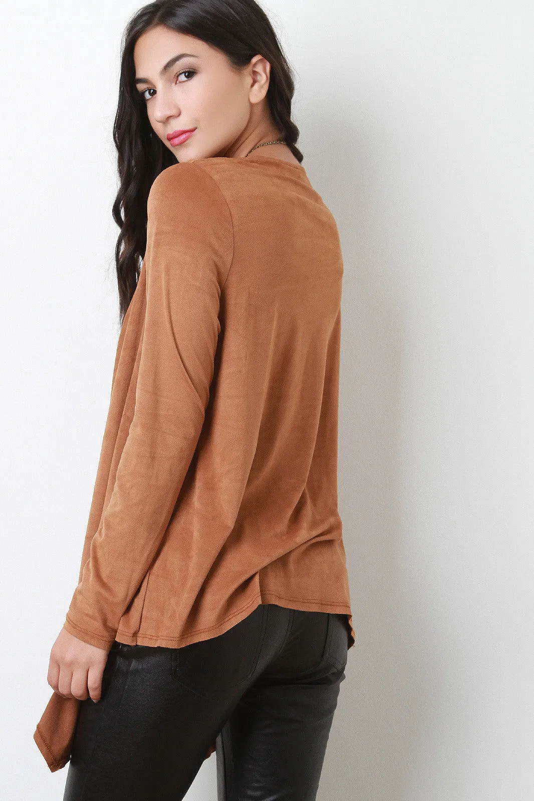 Suede Long Sleeves Drape Front Cardigan