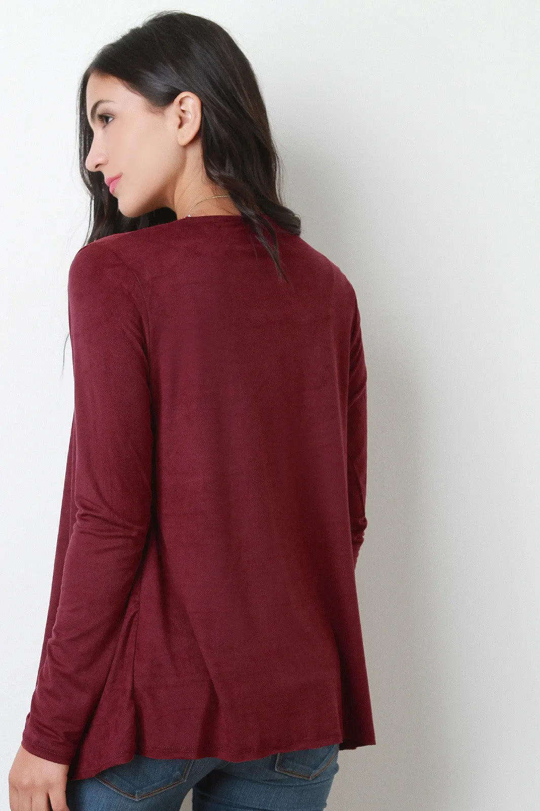 Suede Long Sleeves Drape Front Cardigan