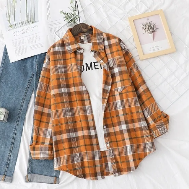 Tangada Women Oversized Plaid Print Boyfriend Style Shirt  Long Sleeve Chic Female Casual Loose Shirt BAO4
