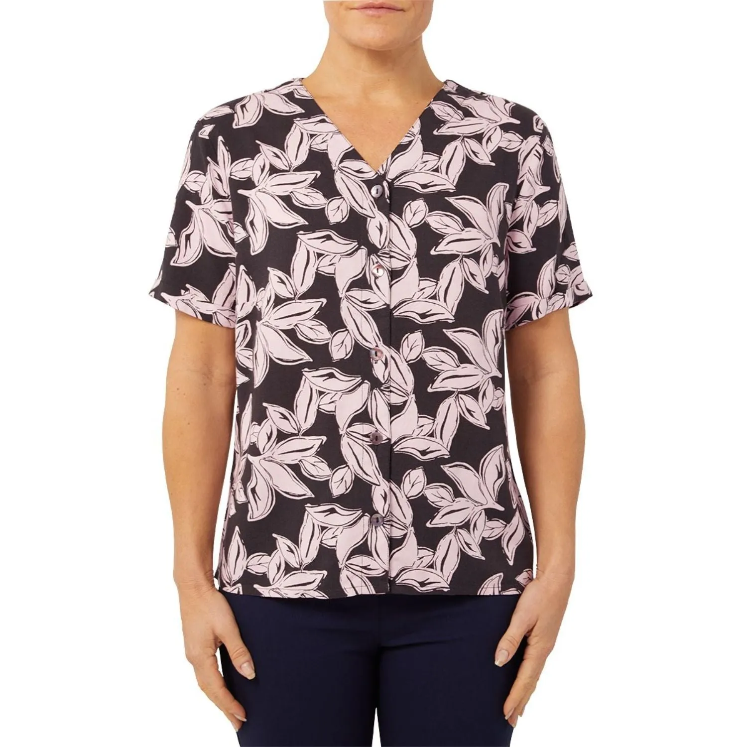 TIGI 10/12 Graphic Leaf Print Notch Neck Shirt