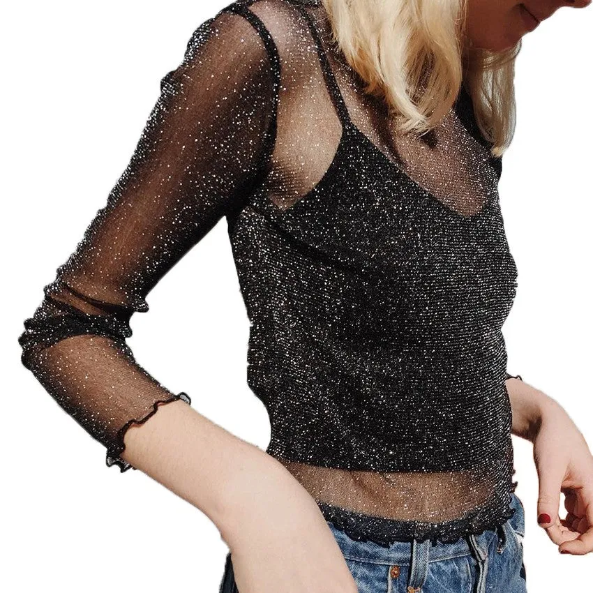 VenusFox Women Mesh Shiny Long Sleeve Transparent Club Party Black Shirts